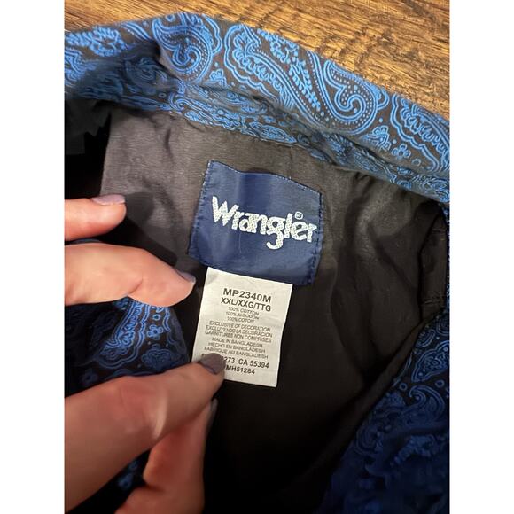 Wrangler Shirt Mens 2XL Navy Blue Paisley Western Cowboy Rodeo Embroidered Logo - Picture 5 of 8